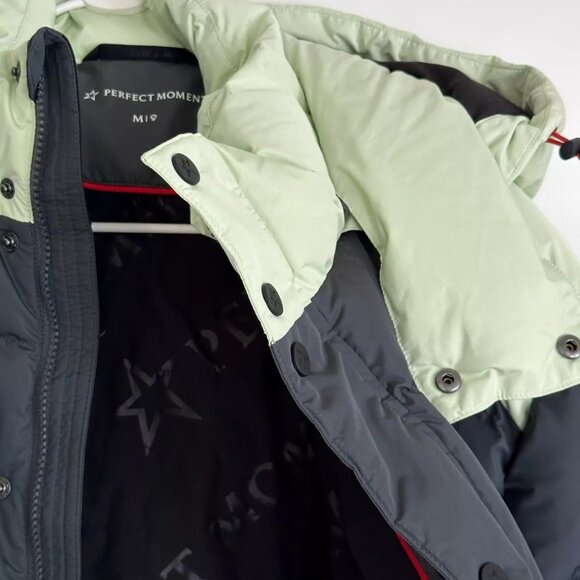 NEW PERFECT MOMENT Gray/Mint Hooded Down Ski Puffer Jacket Size M - Picture 3 of 11
